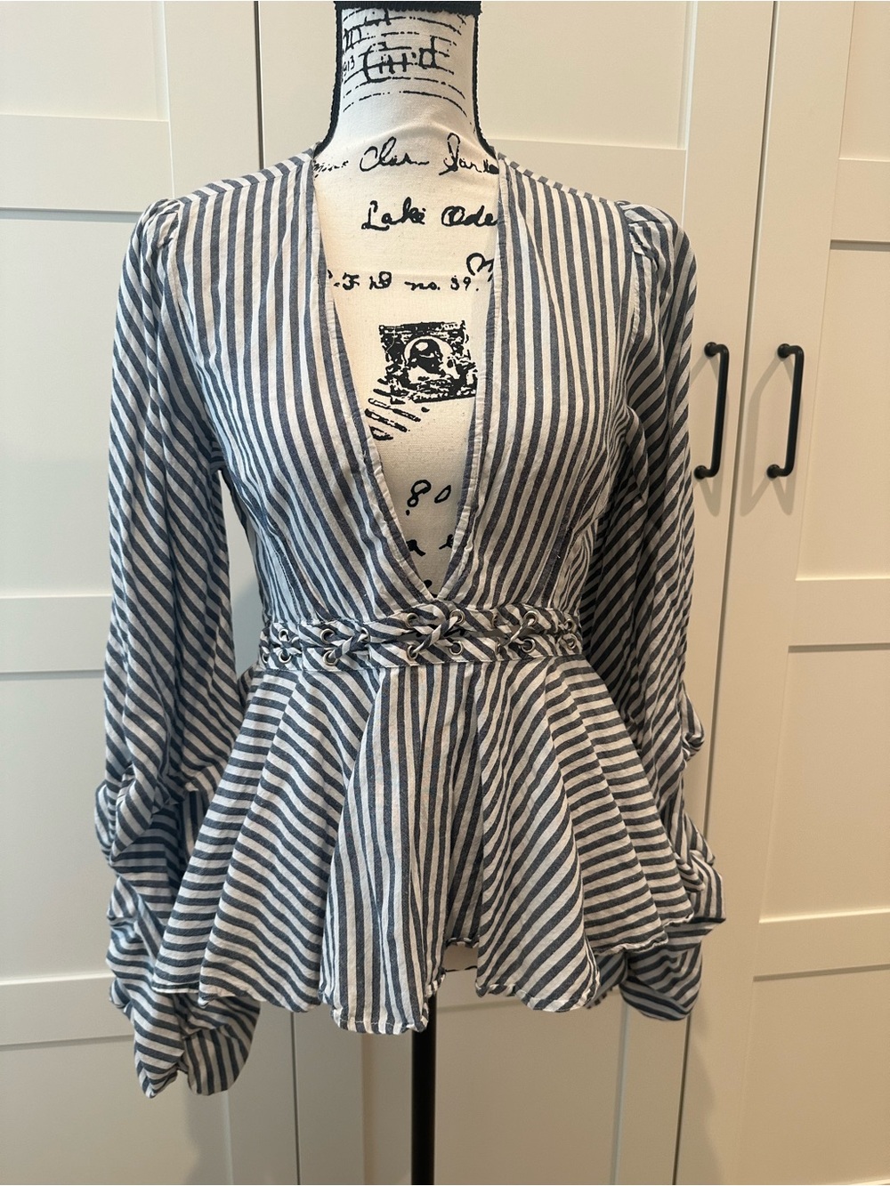 VENUS Navy & White Striped V-Neck Peplum Blouse FITS LIKE A 6 - Picture 2 of 13
